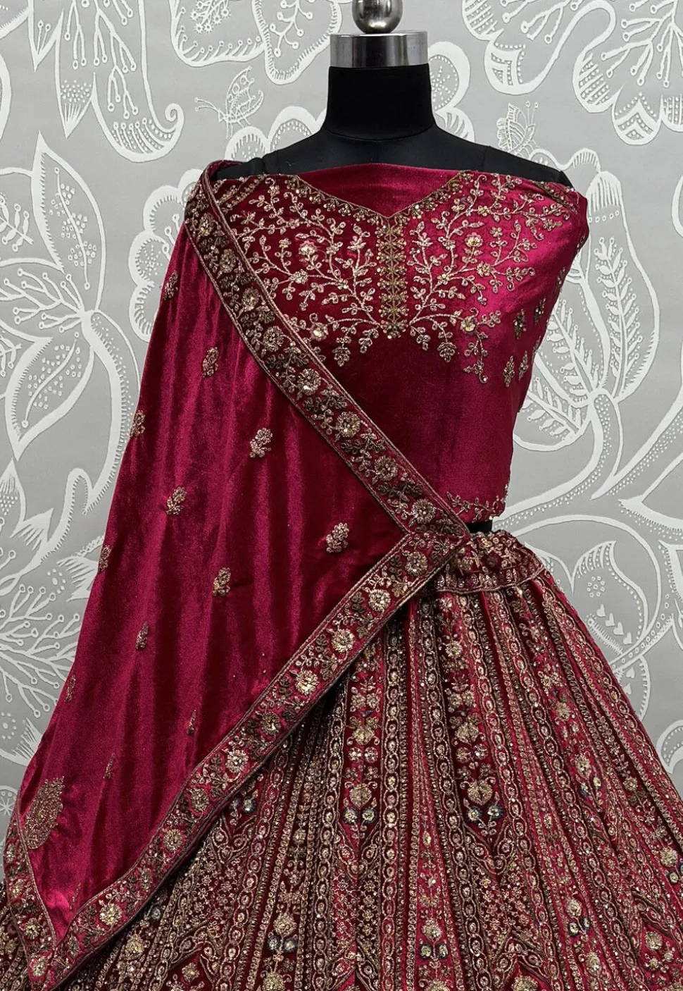 Embroidered Velvet Lehenga in Fuchsia