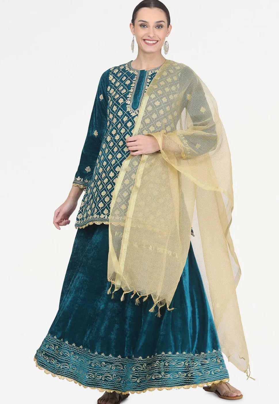 Embroidered Velvet Lehenga in Teal Blue