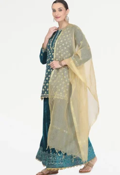 Embroidered Velvet Lehenga in Teal Blue