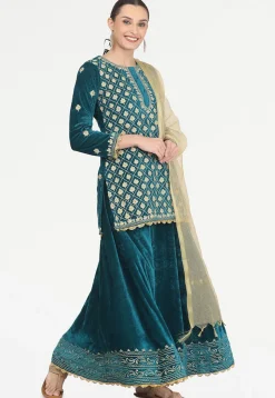 Embroidered Velvet Lehenga in Teal Blue