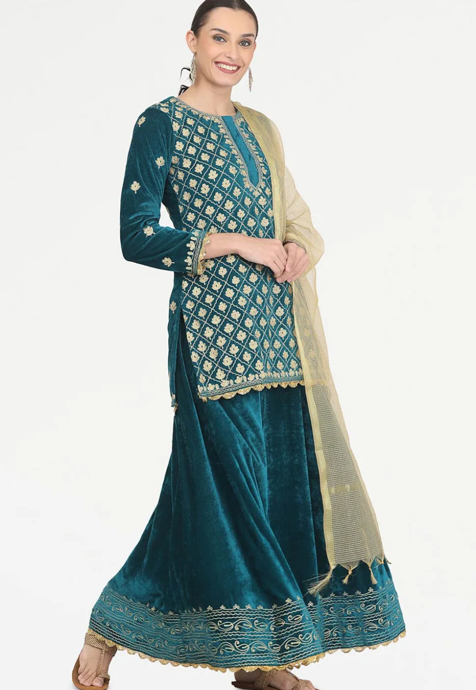 Embroidered Velvet Lehenga in Teal Blue