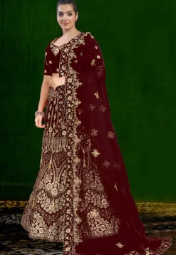 Embroidered Velvet Lehenga in Maroon