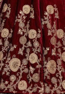 Embroidered Velvet Lehenga in Maroon