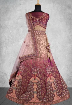 Embroidered Velvet Lehenga in Peach and Brown