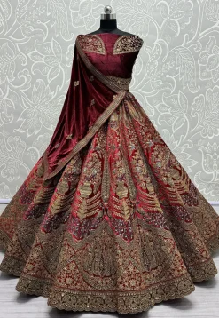 Embroidered Velvet Lehenga in Maroon