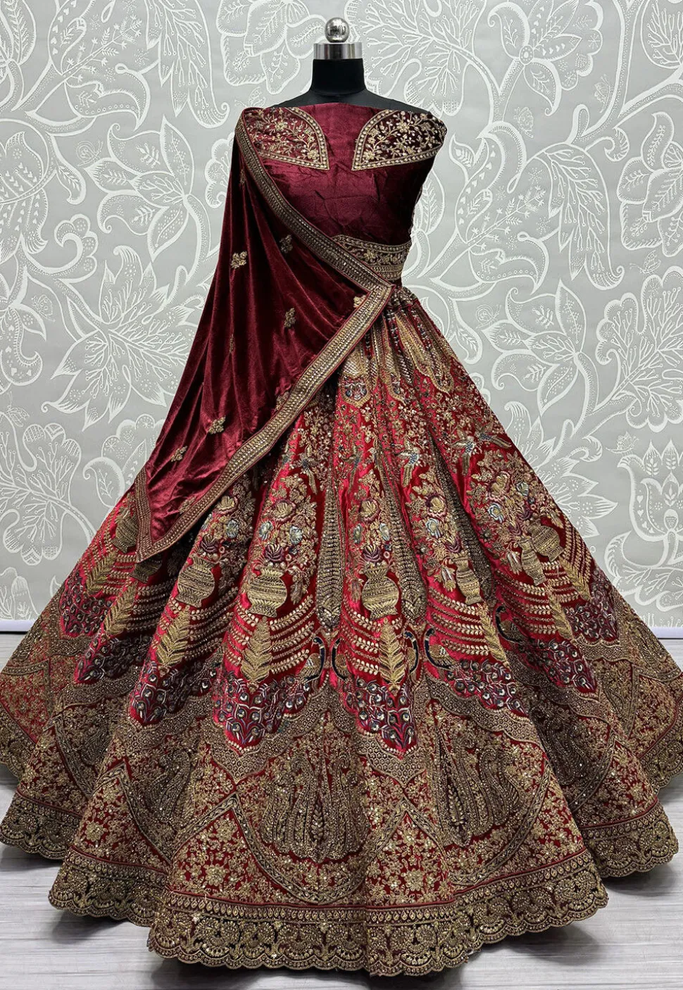 Embroidered Velvet Lehenga in Maroon