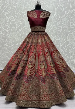 Embroidered Velvet Lehenga in Maroon