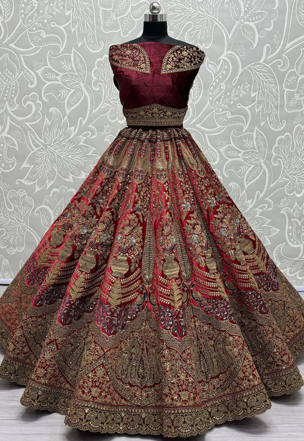 Embroidered Velvet Lehenga in Maroon