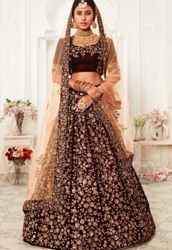 Embroidered Velvet Lehenga in Maroon