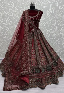 Embroidered Velvet Lehenga in Maroon