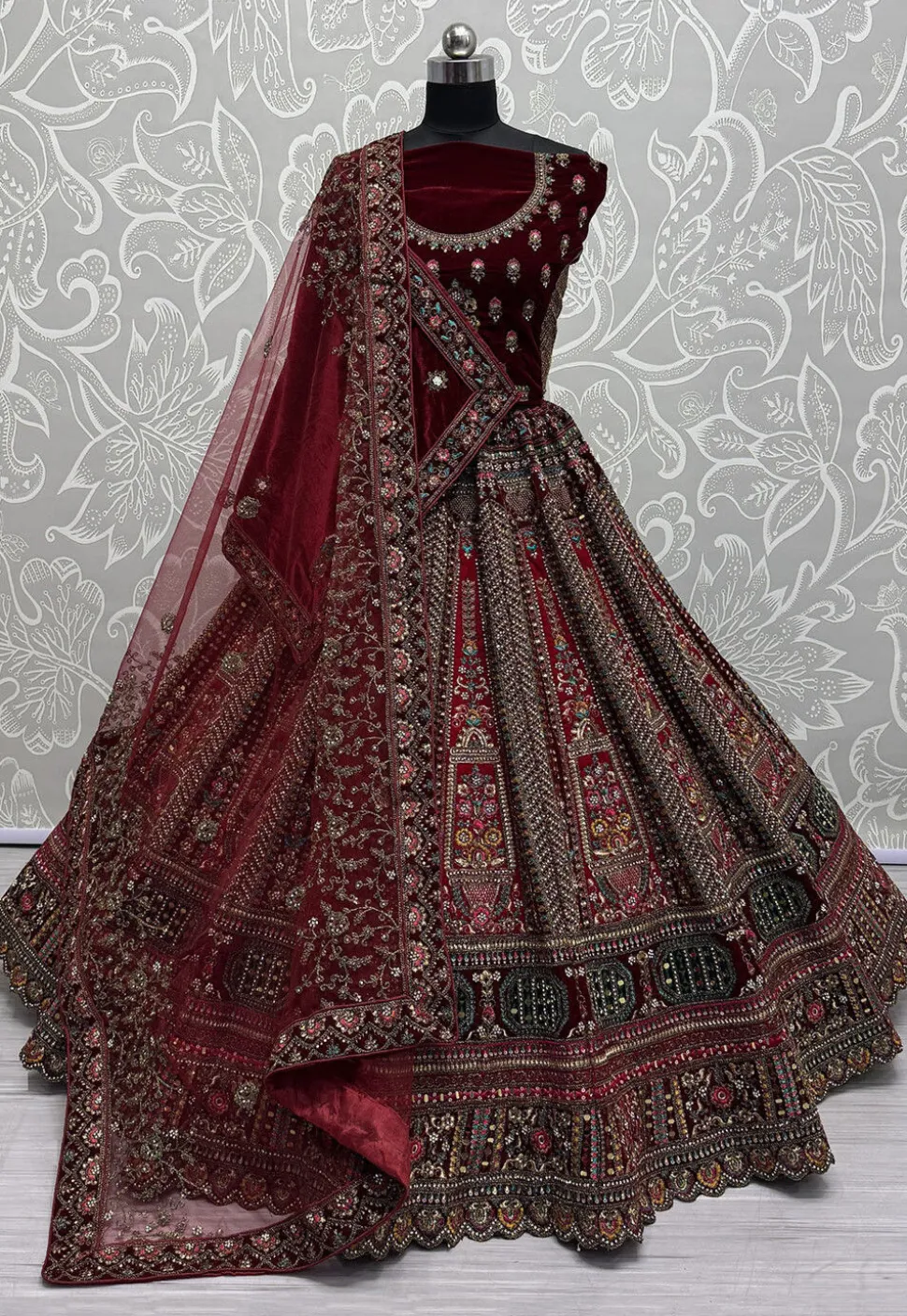 Embroidered Velvet Lehenga in Maroon