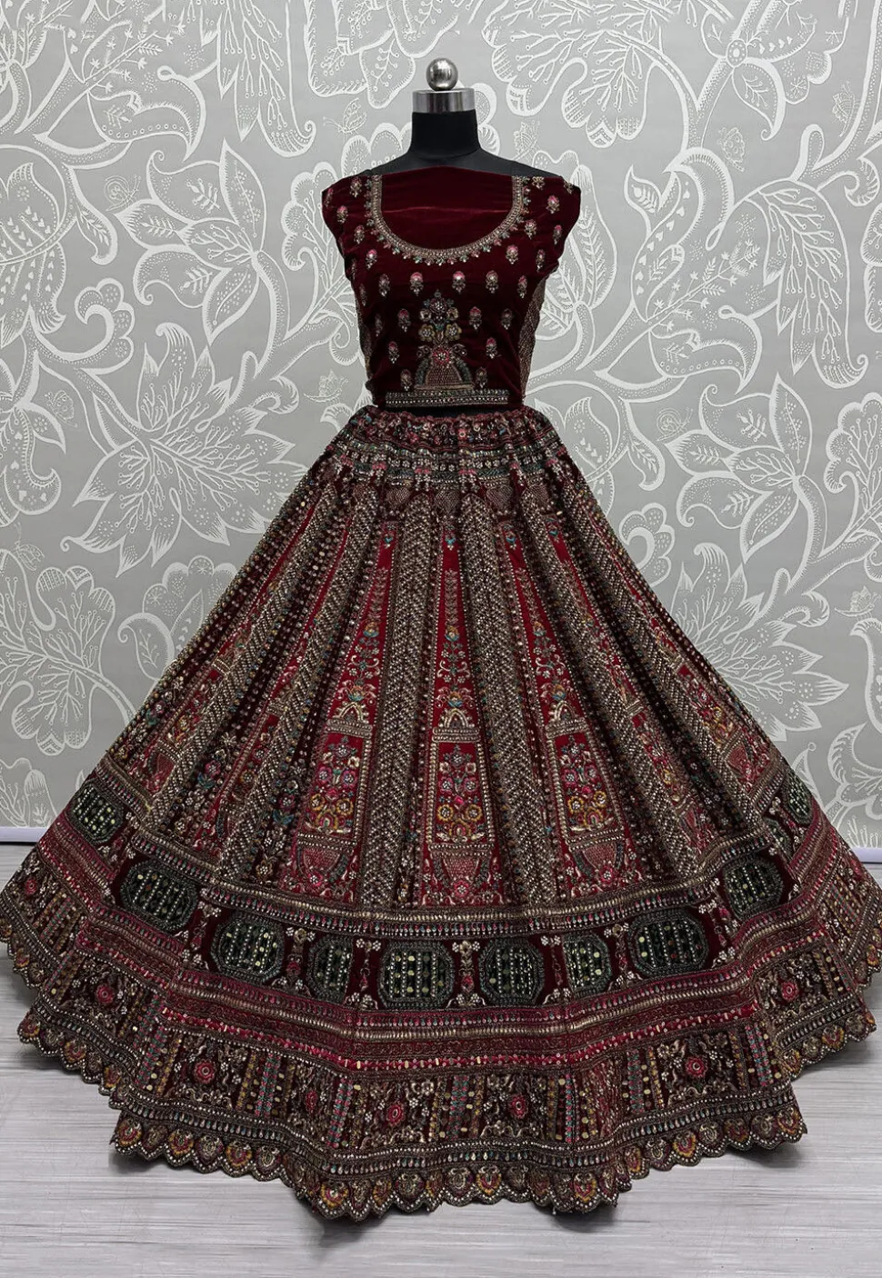 Embroidered Velvet Lehenga in Maroon