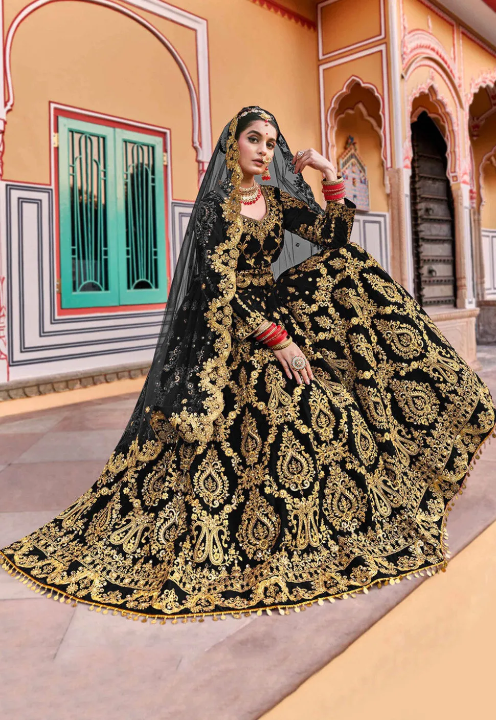 Embroidered Velvet Lehenga in Black