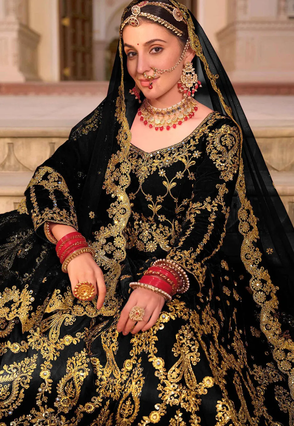Embroidered Velvet Lehenga in Black