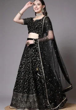 Embroidered Velvet Lehenga In Black