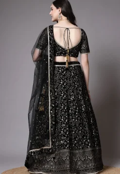 Embroidered Velvet Lehenga In Black