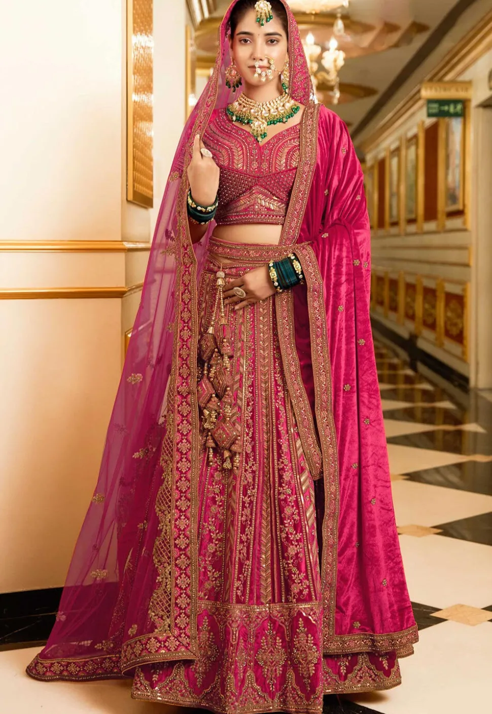 Embroidered Velvet Lehenga Pink