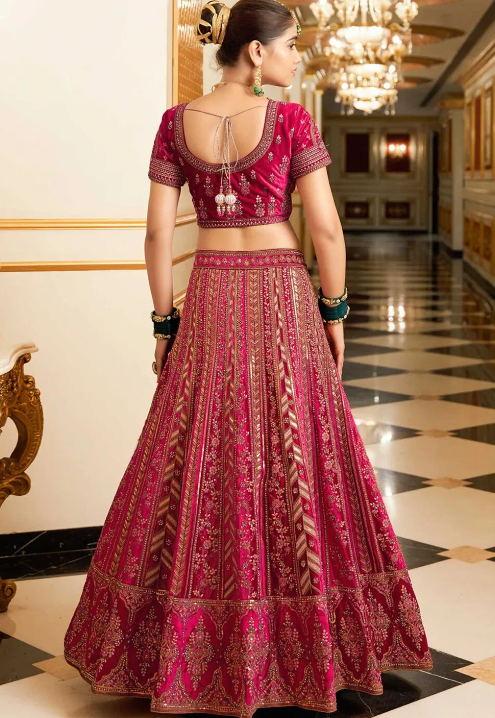 Embroidered Velvet Lehenga Pink
