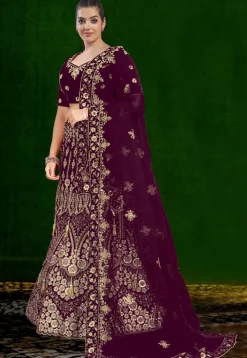 Embroidered Velvet Lehenga in Purple