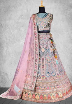 Embroidered Velvet Lehenga in Dusty Blue