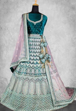 Embroidered Velvet Lehenga in Teal Blue