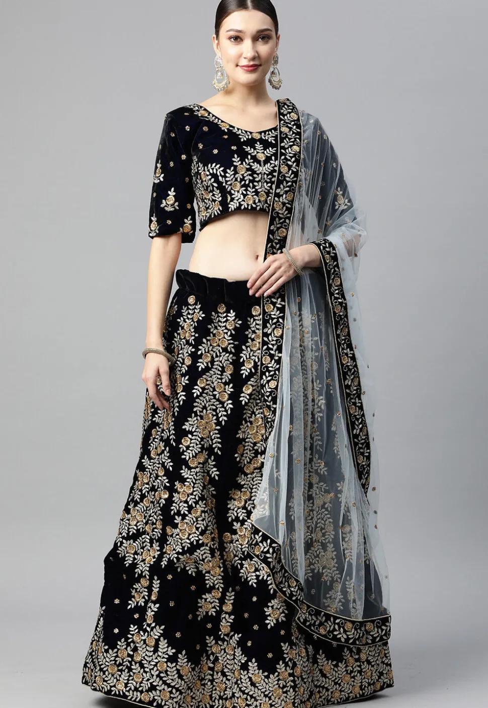 Embroidered Velvet Lehenga in Navy Blue