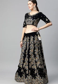 Embroidered Velvet Lehenga in Navy Blue