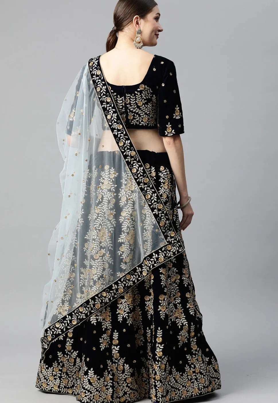 Embroidered Velvet Lehenga in Navy Blue
