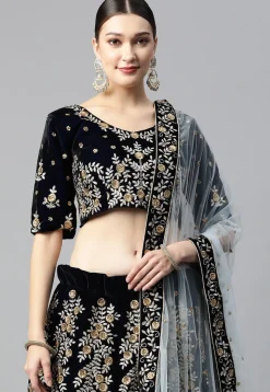 Embroidered Velvet Lehenga in Navy Blue
