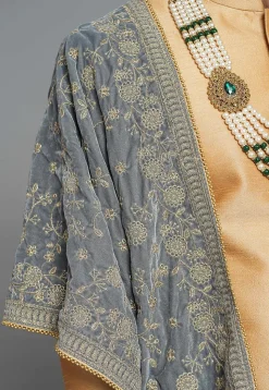 Embroidered Velvet Men Dupatta in Grey