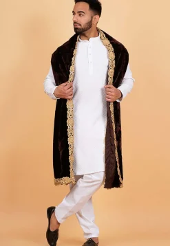 Embroidered Velvet Men Dupatta in Dark Brown