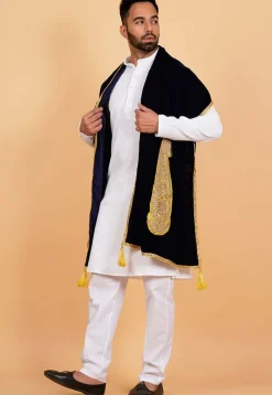 Embroidered Velvet Men Dupatta in Navy Blue