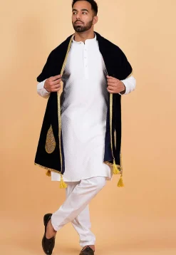 Embroidered Velvet Men Dupatta in Navy Blue