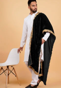 Embroidered Velvet Mens Dupatta in Black