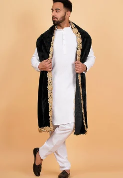 Embroidered Velvet Mens Dupatta in Black
