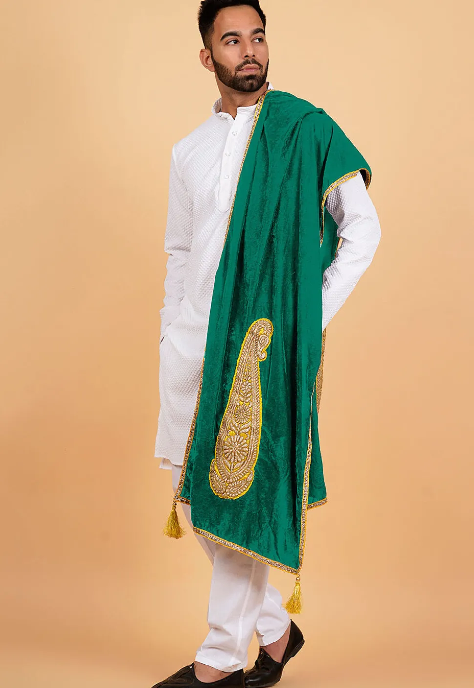 Embroidered Velvet Mens Dupatta in Teal Green