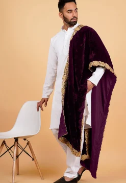 Embroidered Velvet Mens Dupatta in Wine