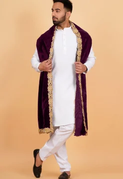 Embroidered Velvet Mens Dupatta in Wine