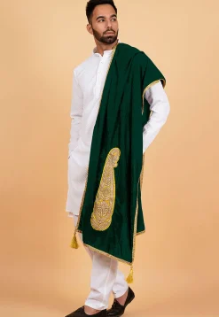 Embroidered Velvet Mens Dupatta in Dark Green