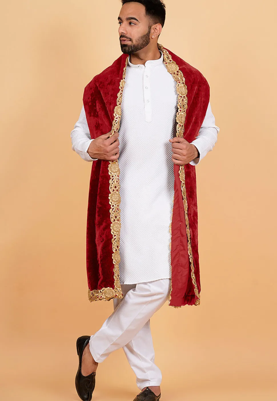 Embroidered Velvet Mens Dupatta in Maroon