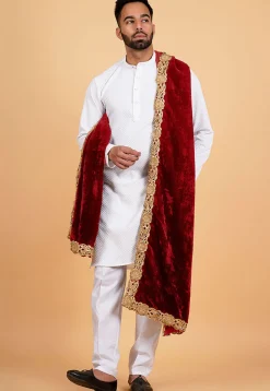 Embroidered Velvet Mens Dupatta in Maroon