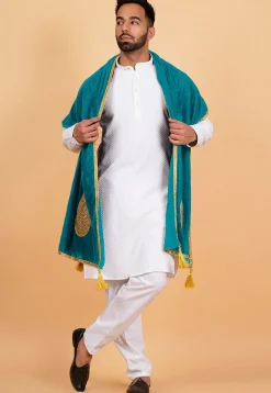 Embroidered Velvet Mens Dupatta in Turquoise