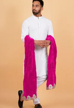 Embroidered Velvet Mens Dupatta in Pink