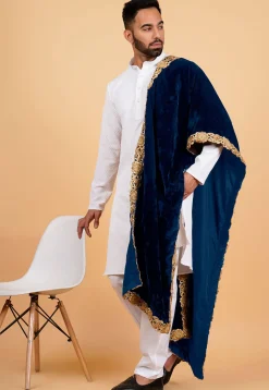 Embroidered Velvet Mens Dupatta in Teal Blue