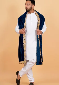 Embroidered Velvet Mens Dupatta in Teal Blue