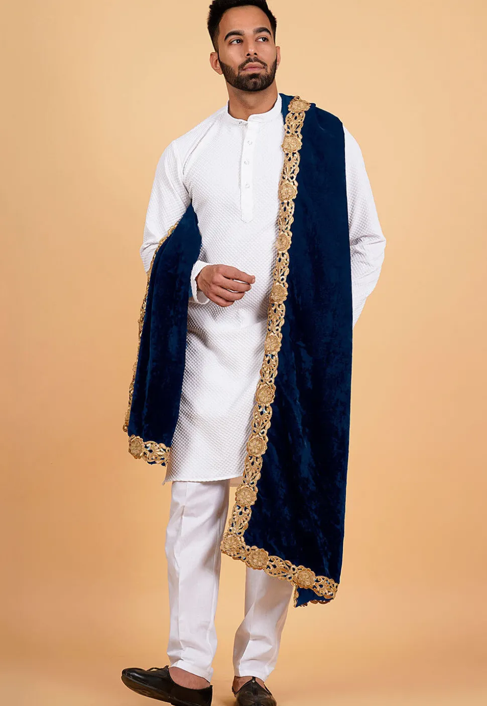 Embroidered Velvet Mens Dupatta in Teal Blue