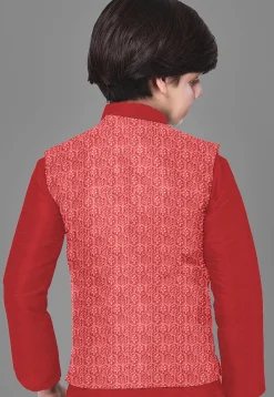 Embroidered Velvet Nehru Jacket in Red