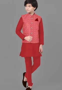 Embroidered Velvet Nehru Jacket in Red