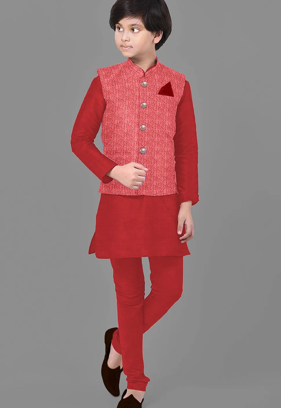 Embroidered Velvet Nehru Jacket in Red