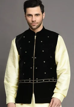 Embroidered Velvet Nehru Jacket in Black